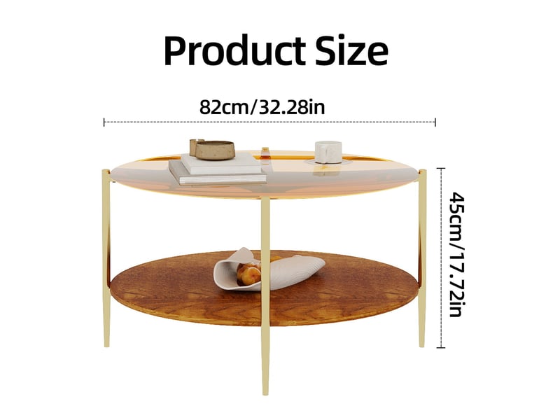  Table basse avec double plateau et rangement ouvert, finition dorée, style moderne, en verre, fer et bois, doré  - Conforama D