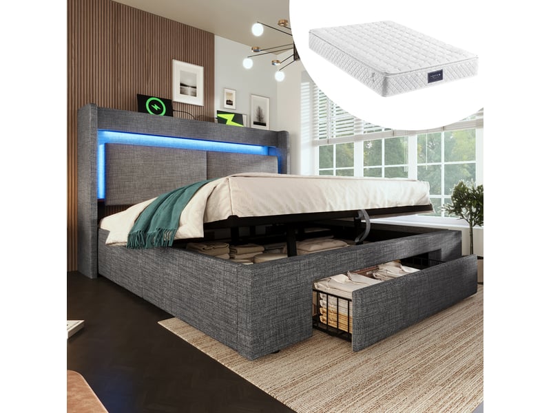  Lit coffre 140 × 200 cm 2 places avec led réglable, usb, type-c, tiroir et rangement, matelas inclus, gris  - Conforama B