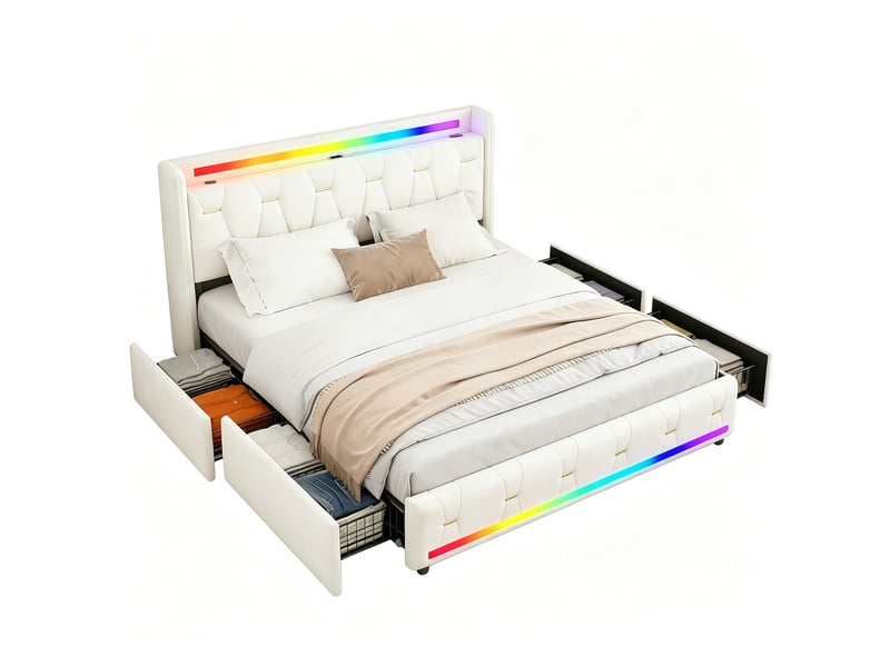 Lit 140x200 cm beige avec rangement, led, 4 tiroirs, ports usb+type-c sans matelas EBD855F-BG - Conforama A