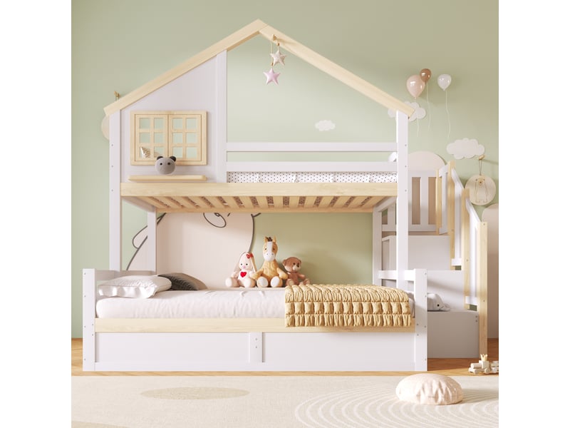  Lit superposé cabane enfant 90x200140x200 cm, rangement hydraulique, escalier avec rangement, fenêtre, garde-corps haut, bois blanc et naturel Radiant Stride - Conforama D