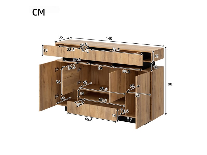  Commode 3 tiroirs et 4 portes, avec éclairage, compartiments ouverts, pour chambre, 140 x 35 x 90 cm, finition bois naturel et noir  - Conforama C