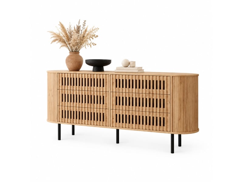  Buffet 6 tiroirs en mdf – design à lattes ajourées – naturel – 160 x 40 x 70 cm  - Conforama A