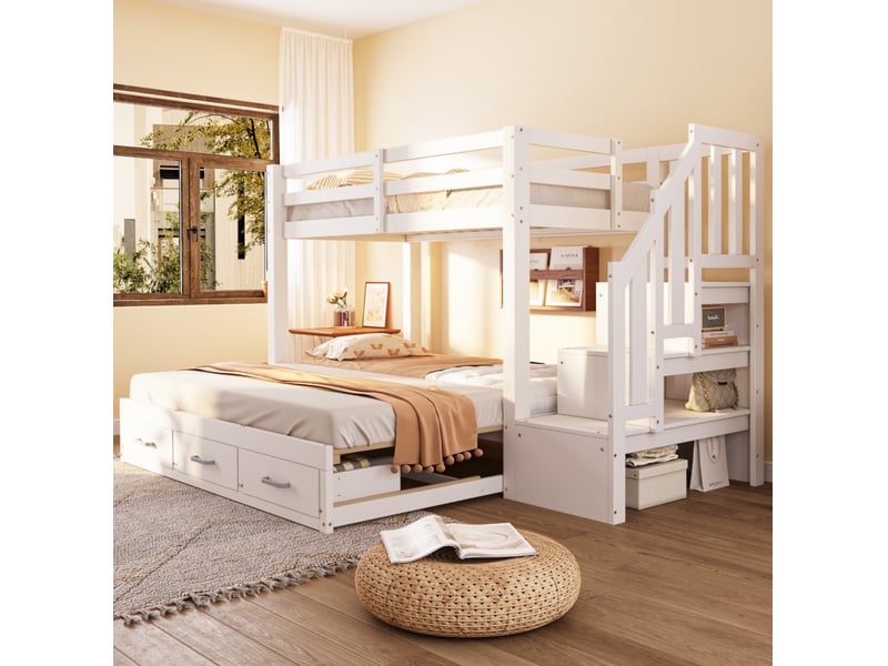 Lit superposé 90x200 cm, échelle, 3 tiroirs, espaces de rangement, lit gigogne 90180x190 cm, bois et mdf blanc - Conforama E