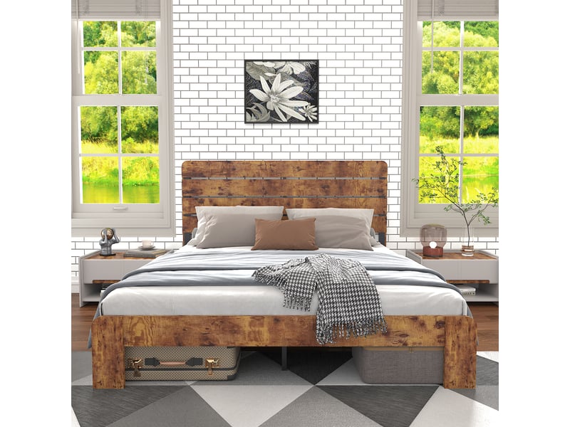  Lit 140x200 cm avec sommier à lattes, cadre de lit adult avec tête de lit haute, lit adulte, marron, lit 2 personnes  - Conforama R