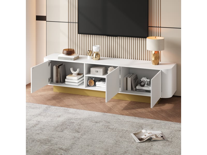  Meuble tv bas moderne avec rangement, gestion des câbles, design arrondi, façade texturée, meuble multimédia pour salon  - Conforama E