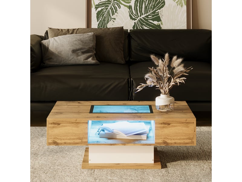  Table basse rectangulaire en mdf avec lumière led,2 tiroirs et rangement avec plateau en verre,naturel table basse naturel - Conforama B