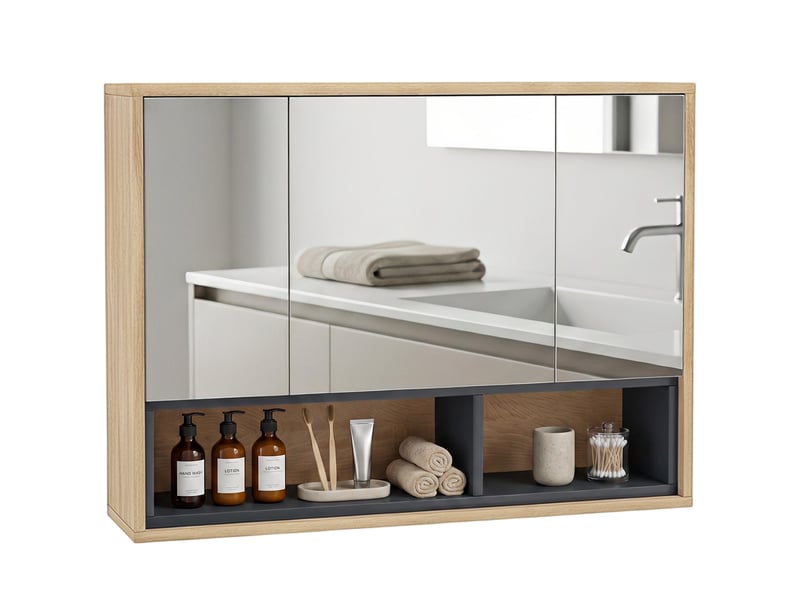  Meuble salle de bain avec miroir, armoire toilettes murale avec placards à 3 portes et 8 compartiments, chêne  - Conforama B