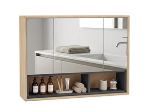 Meuble salle de bain avec miroir, armoire toilettes murale avec placards à 3 portes et 8 compartiments, chêne
