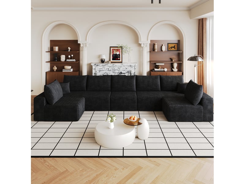  Canapé d’angle modulaire modenvie 7 places 425 x 165 x 83 cm en velours côtelé noir  - Conforama B