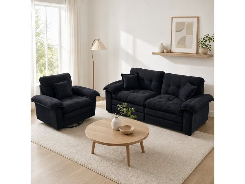  Ensemble de canapés 2 pièces noir en chenille, 1 place et 2 places avec coussins décoratifs  - Conforama D