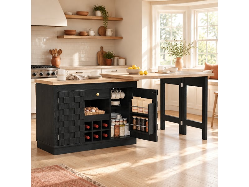 Desserte de cuisine pivotante avec tiroir, étagères réglables et casier à vin amovible en mdf 120-197×40×74,2 cm noir - Conforama C
