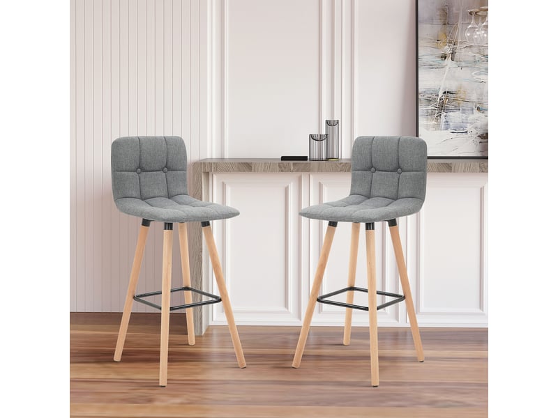  Lot de 2 tabourets de bar, chaises de bar capitonnées avec dossier et repose-pieds, pieds en bois, 41,5x47x97,5cm, gris  - Conforama C