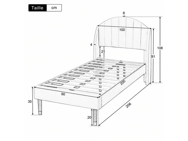  Lit capitonné, lit simple 90x200 cm en velours avec tête rembourrée, lattes en bois et pieds de 20 cm, rose  - Conforama D