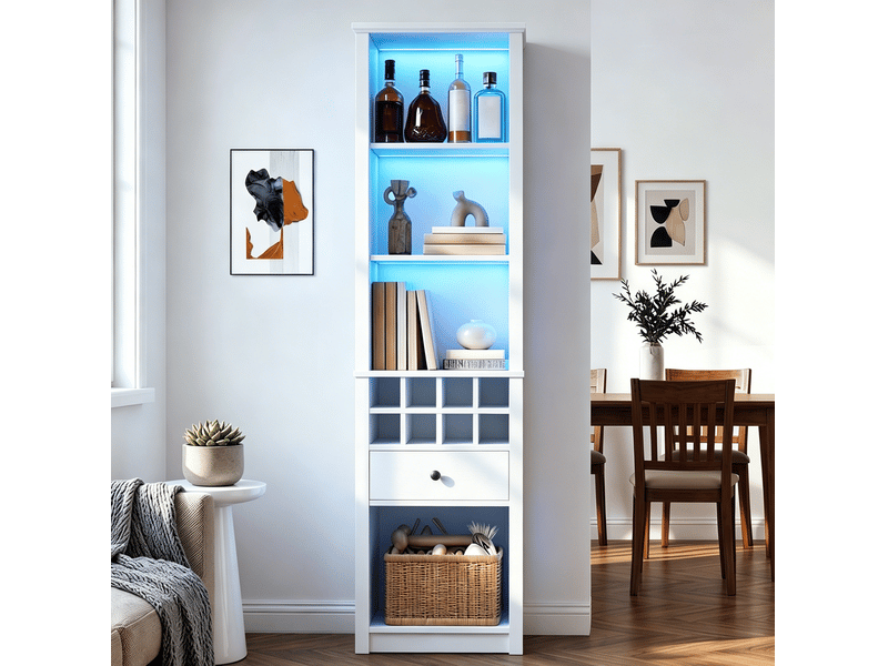  Vitrine haute led 55x40x200 cm, 12 compartiments, 1 tiroir, rangement ouvert sans porte, mdf, mat blanc  - Conforama D