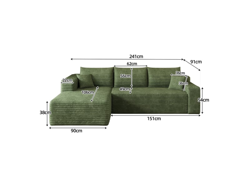 Canapé droit 241 cm, assise profonde, velours côtelé, sans montage, style moderne, design fonctionnel, confort pour salon - vert - Conforama C