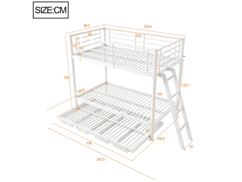 Lit superposé 90 × 200 cm 2 places avec lit gigogne extensible 180 × 200 cm, sans matelas, blanc  - Conforama D