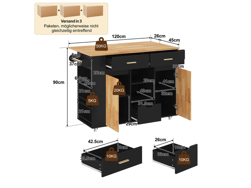  Ilot central de cuisine - 120x71x90cm - desserte avec plateau rabattable 3 tiroirs placards et roulettes - noir et bois  - Conforama E