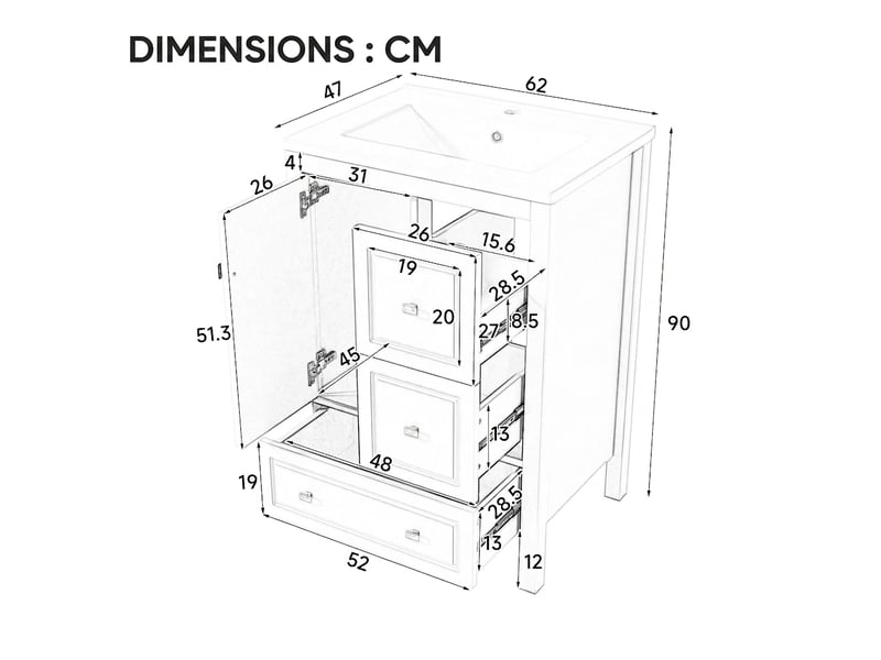  Meuble salle de bain sur pied 62 cm avec vasque céramique blanc 3 tiroirs 1 porte  - Conforama E