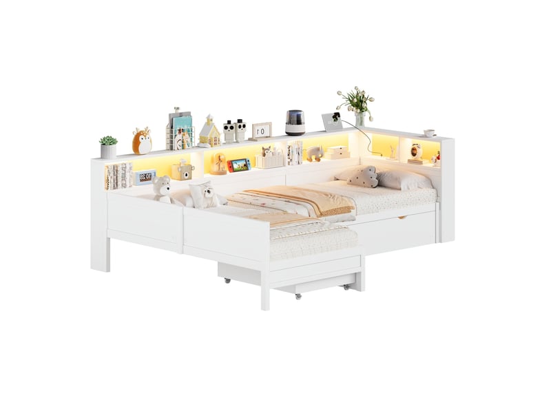  Lit plateforme en l 90x200 cm avec lit gigogne, tiroir et led coloris blanc  - Conforama C