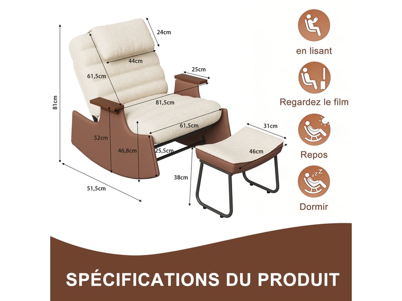  Fauteuil à bascule en laine d'agneau avec repose-pieds - 81.5 x 51.5 x 81 cm-beige - chaise berçante ergonomique avec dossier réglable  - Conforama B