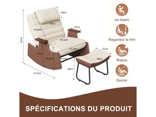 Fauteuil à bascule en laine d'agneau avec repose-pieds - 81.5 x 51.5 x 81 cm-beige - chaise berçante ergonomique avec dossier réglable