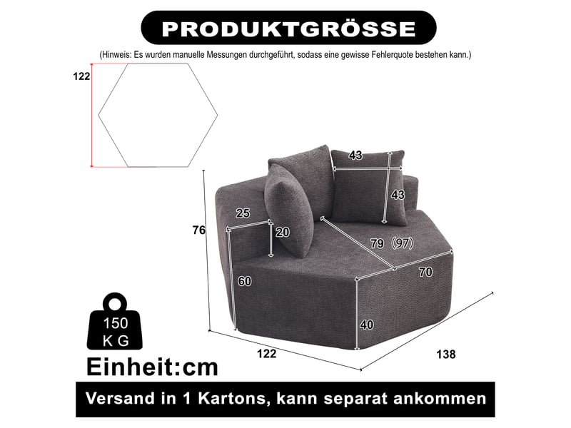  Canapé 1 place modulable hexagonal en chenille bouclée, avec 3 coussins, module lounge pour salon et chambre - gris  - Conforama C