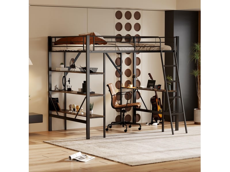 Lit mezzanine 90x200cm, table, sommier en métal, lit simple, 3 étagères rangement, noir, sans matelas - Conforama B