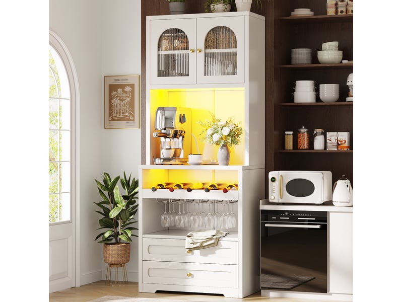 Buffet haut modenvie avec portes vitrées cintrées, led contrôlable par application, synchronisation musicale, étagères réglables, casier à vin, usb, blanc - Conforama D