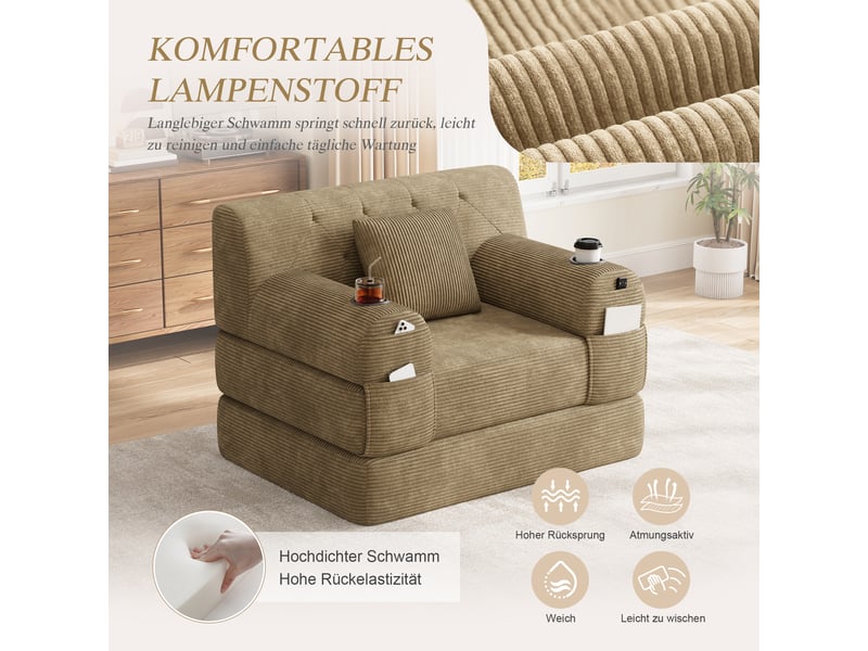  Canapé droit convertible lit 1 place en velours côtelé kaki avec rangement latéral et porte-gobelets  - Conforama D