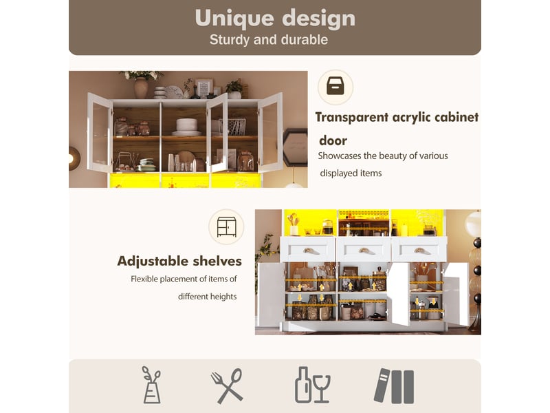  Buffet haut de cuisine avec 3 tiroirs, 6 portes, étagères réglables et led, pour cuisine, 140 × 40 × 175 cm  - Conforama E
