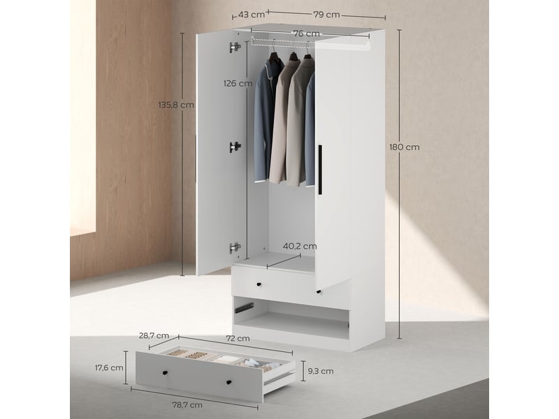 Armoire, 2 portes, penderie, tringle, 2 tiroirs, panneaux de particules, blanc  - Conforama C