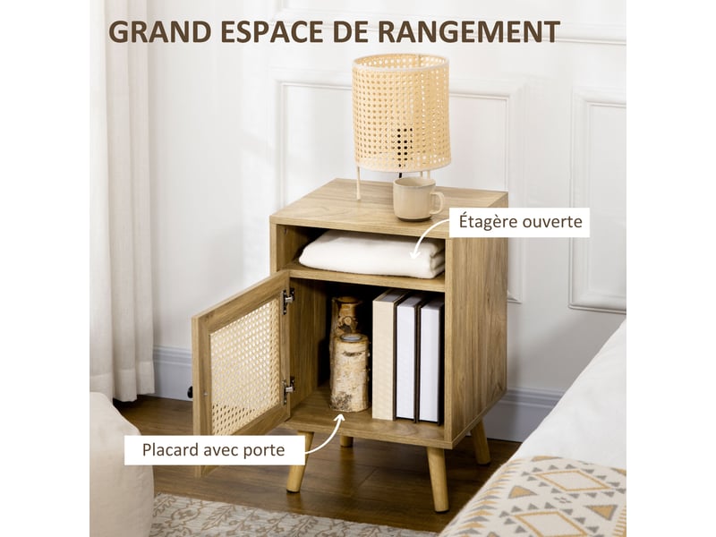  Lot de 2 tables de chevet table de nuit avec placard porte cannage et niche design vintage naturel 39 x 35 x 60 cm  - Conforama E