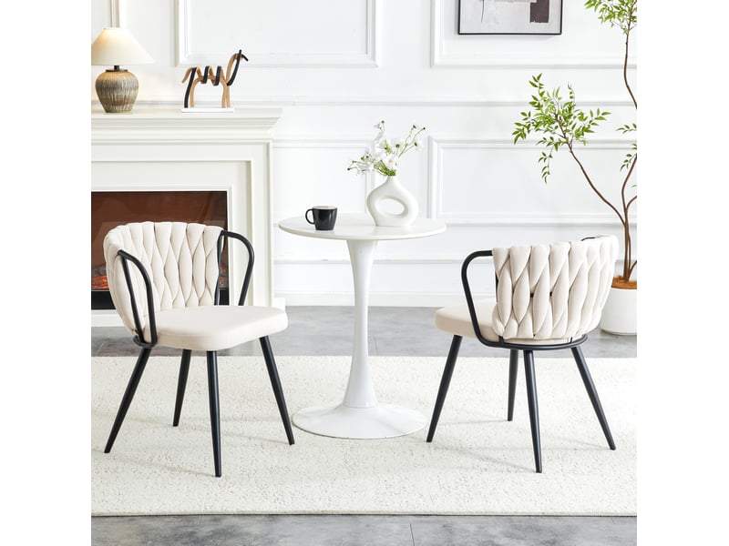  Chaise de salle à manger en velours avec dossier tressé ergonomique et pieds métalliques noirs, beige  - Conforama C
