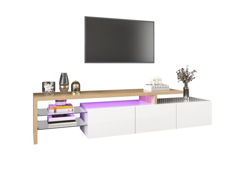  Meuble tv avec 3 placards, étagères en verre et led pour salon 197,5×39×42 cm blanc bois  - Conforama A