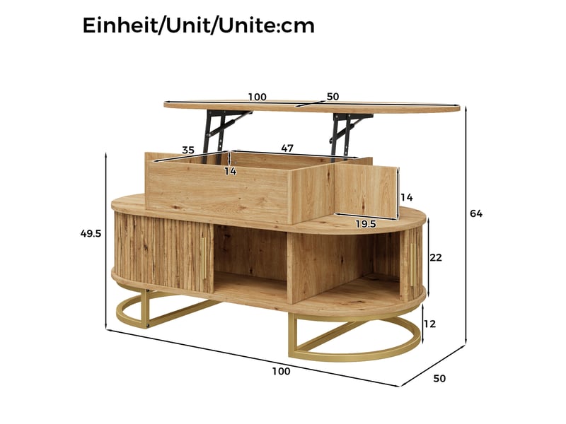  Table basse ovale relevable avec rangement, mdf naturel, portes coulissantes  - Conforama C