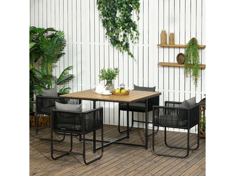 Salon de jardin 4 personnes encastrable avec coussins zippés déperlants métal résine noir effet bois  - Conforama B
