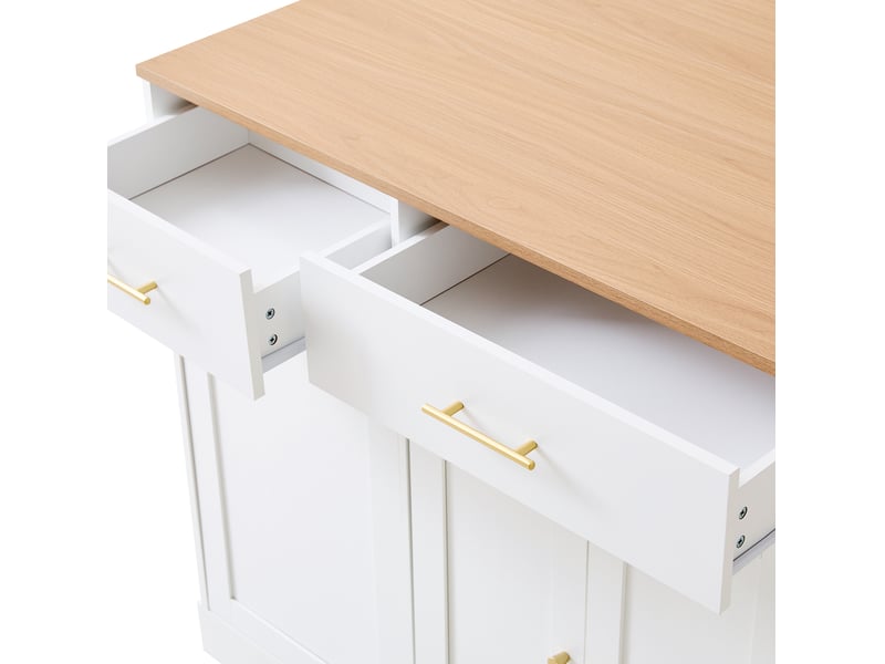  Îlot de cuisine avec plateau rabattable, 120 cm, 2 tiroirs, compartiment pour poubelle, rangement latéral coulissant, blanc et bois naturel  - Conforama E