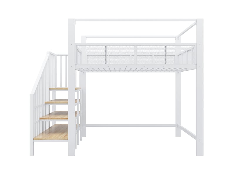 Lit mezzanine 140 × 200 cm 2 places avec escalier de rangement et baldaquin, sans matelas, en métal blanc - Conforama E