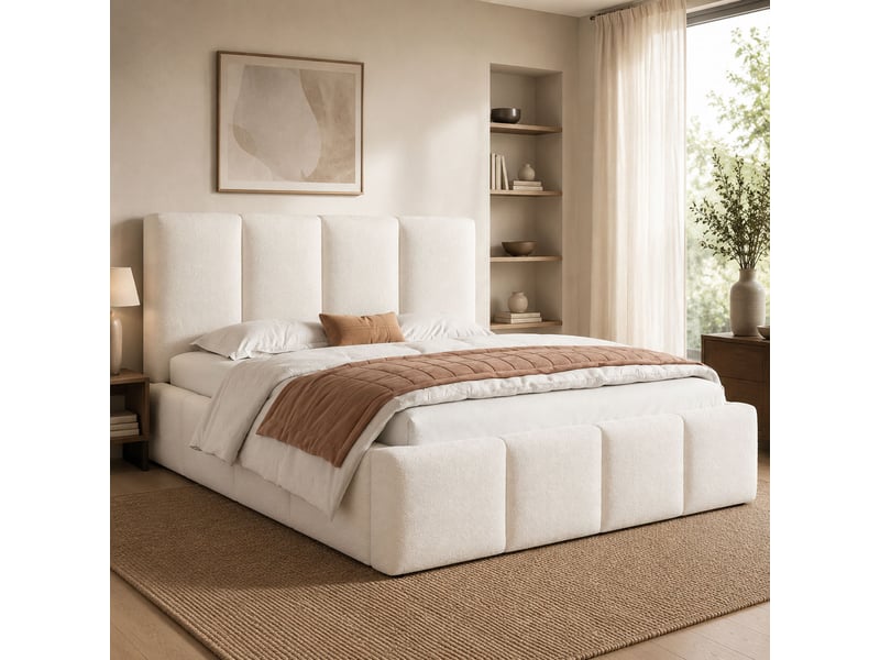  Lit double rembourré 180x200 cm en bouclé beige, tête de lit épaisse 11 cm, bords arrondis, sommier à lattes, jusqu'à 300 kg  - Conforama B