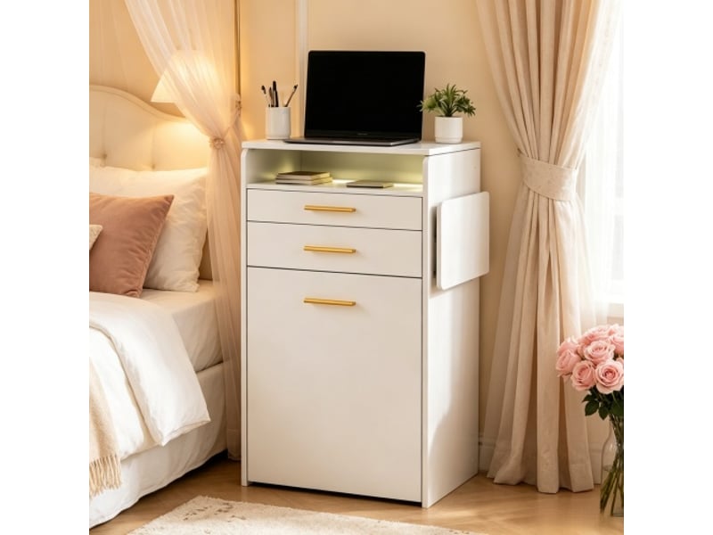  Coiffeuse 40x50x87.2 cm avec miroir led rabattable et tabouret, verre et bois, coloris blanc  - Conforama D