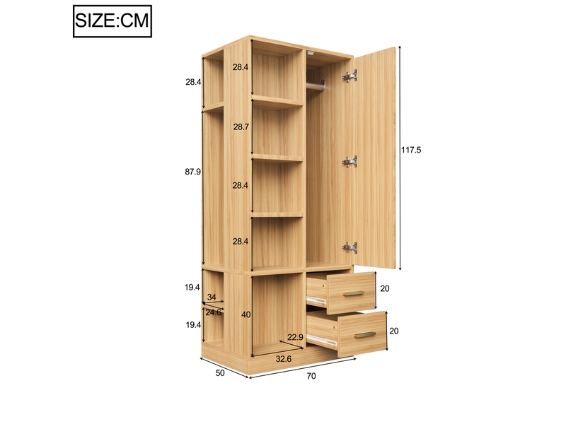  Armoire 1 porte avec 2 barres de penderie et rangements multiples - bois et métal, couleur bois  - Conforama D