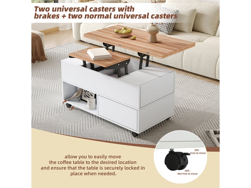  Table basse relevable avec 4 tiroirs, 2 niches et roulettes freinées pour salon en panneau de particules 100×50×52 cm  - Conforama C