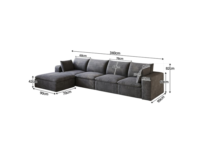 Canapé d'angle modulable 5 places avec coussins amovibles et soutien en mousse, en velours côtelé gris foncé - Conforama C