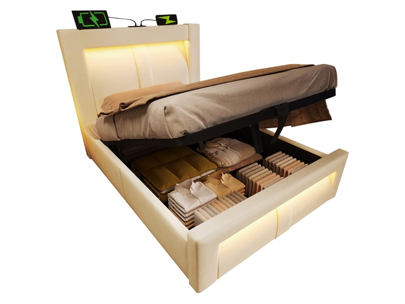  Lit coffre, lit enfant 90x200 cm, rangement hydraulique, led, usbusb-c, tête de lit incurvée, matelas inclus, velours beige  - Conforama W