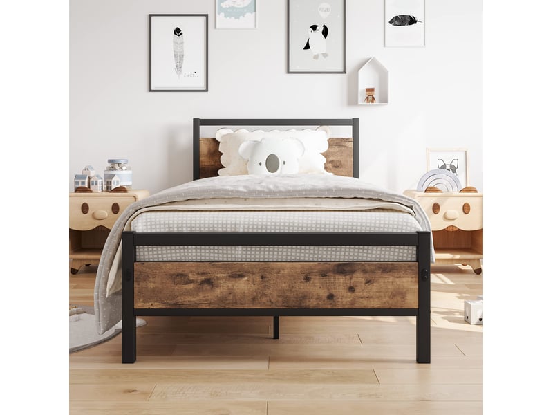  Cadre de lit, lit enfant 90x200 cm, rangement intégré, métal et bois brun, sommier à lattes  - Conforama C