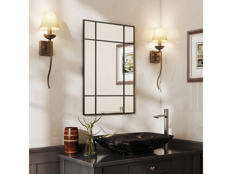  Miroir mural verrière rectangulaire style fenêtre, en métal noir - 90x60 cm, horizontal ou vertical avec 4 crochets  - Conforama D