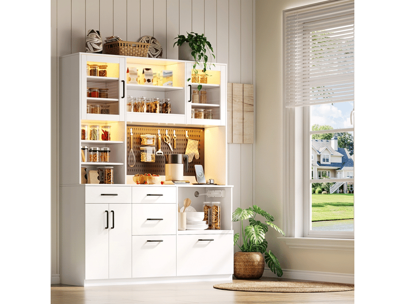  Buffet de cuisine haut blanc avec prise et éclairage led, 145x40x185 cm  - Conforama E