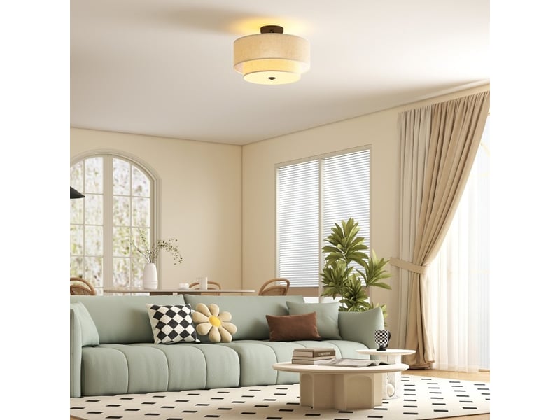  Plafonnier suspension double abat-jour aspect lin 40 x 26 cm crème blanc, métal, éclairage e14 pour salle à manger  - Conforama B