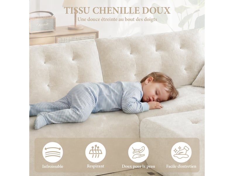  Canapé modulable en chenille beige mousse haute densité avec pouf,canapé salon 275cm style nuage confortable,compressé sans montage 275x174x66CM - Conforama D