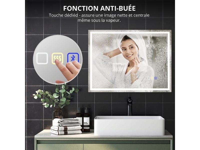  Miroir de salle de bain led 80x60 cm bluetooth avec horloge et anti-buée  - Conforama E